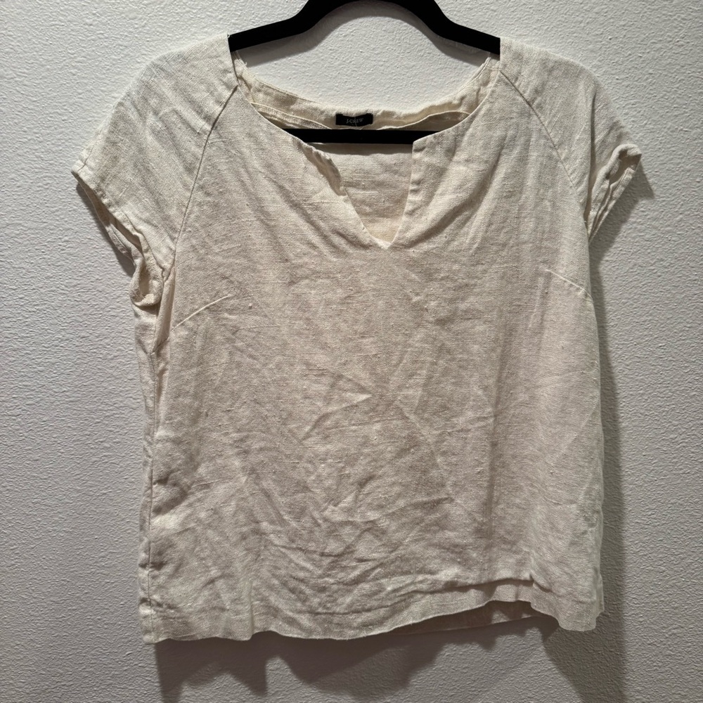 J. Crew Cream Short Sleeve Notch Neck Linen Blend Top